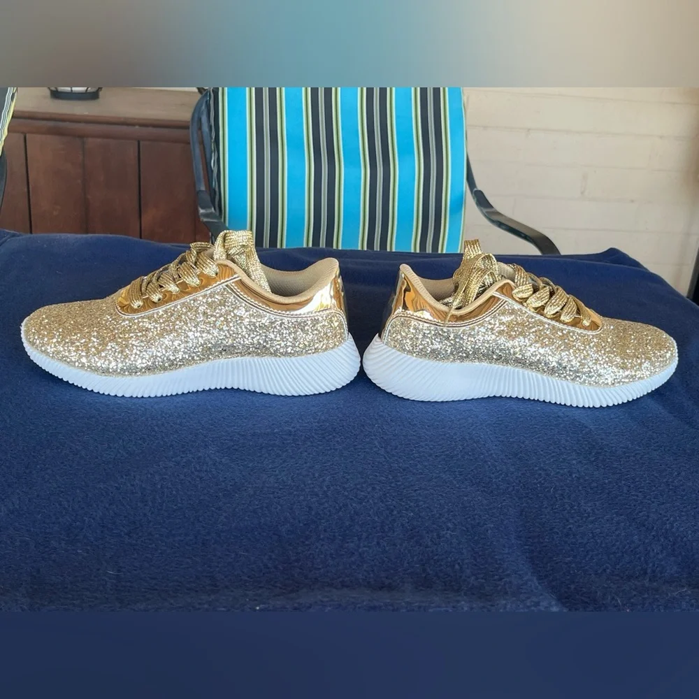 Shiny gold glitter upper sneakers. Memory foam, non-slip rubber soles. Size 7 - Picture 10 of 12